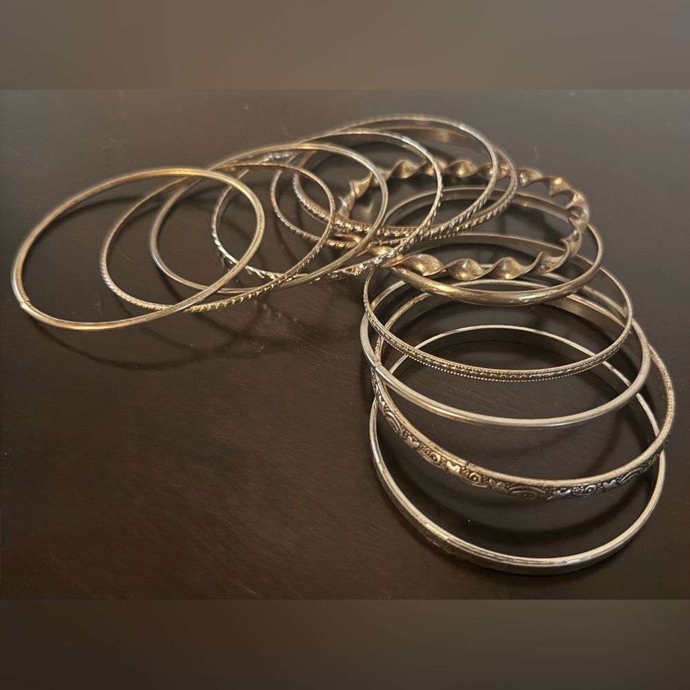Silver Tone Bangle Bracelet Set 12 Piece Stackable Mixed Metal Bundle - Picture 2 of 3